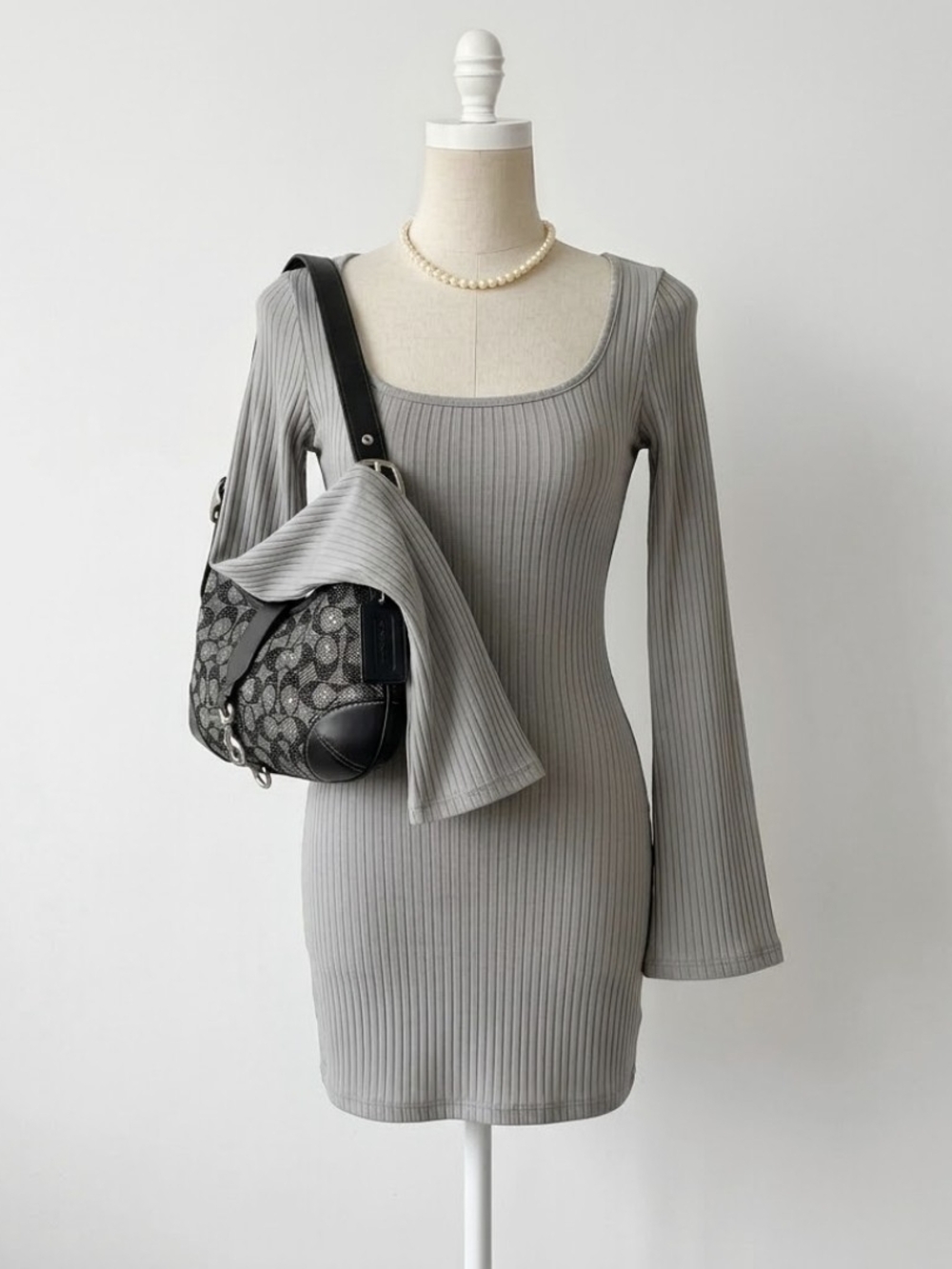 H&M Divided Gray Ribbed Long Flared-Sleeve Scoop Neck Bodycon Dress